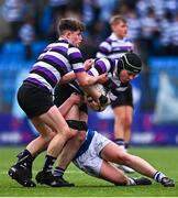 20 March 2023; Ollie O'Leary of Terenure College is tackled by Tom Keaveney of Blackrock College during the Bank of Ireland Leinster Rugby Schools Junior Cup semi-final replay match between Terenure College and Blackrock College at Energia Park in Dublin. Photo by Ben McShane/Sportsfile