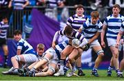 20 March 2023; Cathal Martin of Terenure College is tackled by Conall Power of Blackrock College during the Bank of Ireland Leinster Rugby Schools Junior Cup semi-final replay match between Terenure College and Blackrock College at Energia Park in Dublin. Photo by Ben McShane/Sportsfile