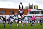 20 March 2023; Geoff O'Sullivan of Terenure College catches a high-ball during the Bank of Ireland Leinster Rugby Schools Junior Cup semi-final replay match between Terenure College and Blackrock College at Energia Park in Dublin. Photo by Ben McShane/Sportsfile