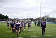 20 March 2023; Dejected Terenure College players leave the pitch after their defeat in the Bank of Ireland Leinster Rugby Schools Junior Cup semi-final replay match between Terenure College and Blackrock College at Energia Park in Dublin. Photo by Ben McShane/Sportsfile