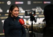20 March 2023; Katie Taylor is interviewed by Off the Ball reporter Aisling O'Reilly before a media conference, held at the Mansion House in Dublin, ahead of her undisputed super lightweight championship fight with Chantelle Cameron, on May 20th at 3Arena in Dublin. Photo by David Fitzgerald/Sportsfile