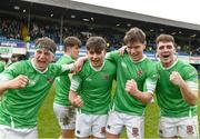 17 March 2023; Gonzaga College players celebrate at the final whistle after their side's victory in the Bank of Ireland Leinster Schools Senior Cup Final match between Gonzaga College and Blackrock Collegee at RDS Arena in Dublin. Photo by Sam Barnes/Sportsfile