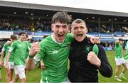 17 March 2023; Gonzaga College players celebrate at the final whistle after their side's victory in the Bank of Ireland Leinster Schools Senior Cup Final match between Gonzaga College and Blackrock Collegee at RDS Arena in Dublin. Photo by Sam Barnes/Sportsfile