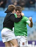 17 March 2023; Jack Kelly of Gonzaga College celebrates  at the final whistle after his side's victory in the Bank of Ireland Leinster Schools Senior Cup Final match between Gonzaga College and Blackrock Collegee at RDS Arena in Dublin. Photo by Sam Barnes/Sportsfile