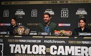 20 March 2023; Promotor Eddie Hearn with Katie Taylor, left, and Chantelle Cameron during a media conference, held at the Mansion House in Dublin, ahead of their undisputed super lightweight championship fight on May 20th at 3Arena in Dublin. Photo by David Fitzgerald/Sportsfile