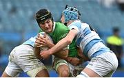 17 March 2023; Charlie Kennedy of Gonzaga College in action against Luke Kritzinger, left, and Conall Hodges of Blackrock College during the Bank of Ireland Leinster Schools Senior Cup Final match between Gonzaga College and Blackrock Collegee at RDS Arena in Dublin. Photo by Sam Barnes/Sportsfile