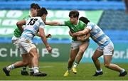 17 March 2023; Hugo McLaughlin of Gonzaga College in action against Luke Kritzinger, left, and Eoghan Walsh of Blackrock College during the Bank of Ireland Leinster Schools Senior Cup Final match between Gonzaga College and Blackrock Collegee at RDS Arena in Dublin. Photo by Sam Barnes/Sportsfile