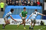 17 March 2023; Hugo McLaughlin of Gonzaga College in action against Eoghan Walsh, left, and James O'Sullivan of Blackrock College during the Bank of Ireland Leinster Schools Senior Cup Final match between Gonzaga College and Blackrock Collegee at RDS Arena in Dublin. Photo by Sam Barnes/Sportsfile