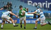 17 March 2023; Charlie Kennedy of Gonzaga College in action against Luke Kritzinger, left, and Conall Hodges of Blackrock College during the Bank of Ireland Leinster Schools Senior Cup Final match between Gonzaga College and Blackrock Collegee at RDS Arena in Dublin. Photo by Sam Barnes/Sportsfile