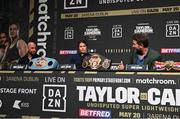 20 March 2023; Katie Taylor alongside Trainer Ross Enemait, left, and Promoter Eddie Hearn during a media conference, held at the Mansion House in Dublin, ahead of her undisputed super lightweight championship fight with Chantelle Cameron, on May 20th at 3Arena in Dublin. Photo by David Fitzgerald/Sportsfile