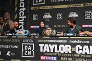 20 March 2023; Katie Taylor alongside Trainer Ross Enemait, left, and Promoter Eddie Hearn during a media conference, held at the Mansion House in Dublin, ahead of her undisputed super lightweight championship fight with Chantelle Cameron, on May 20th at 3Arena in Dublin. Photo by David Fitzgerald/Sportsfile