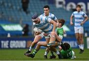 17 March 2023; Tom Brigg of Blackrock College is tackled by Stephen McMahon, right, and Paul Wilson of Gonzaga College during the Bank of Ireland Leinster Schools Senior Cup Final match between Gonzaga College and Blackrock Collegee at RDS Arena in Dublin. Photo by Sam Barnes/Sportsfile