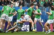 17 March 2023; Hugo McLaughlin of Gonzaga College is tackled by Conor O'Shaughnessy of Blackrock College during the Bank of Ireland Leinster Schools Senior Cup Final match between Gonzaga College and Blackrock Collegee at RDS Arena in Dublin. Photo by Sam Barnes/Sportsfile