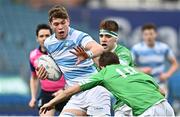 17 March 2023; Michael Colreavy of Blackrock College is tackled by Paul Wilson, top, and Stephen McMahon of Gonzaga College during the Bank of Ireland Leinster Schools Senior Cup Final match between Gonzaga College and Blackrock Collegee at RDS Arena in Dublin. Photo by Sam Barnes/Sportsfile