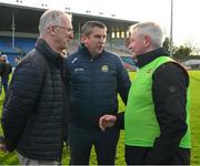 18 March 2023; Former Leinster GAA chairman Pat Teehan, left, Offaly GAA chairman Michael Duignan and Offaly manager Martin Murphy, right, after the Allianz Football League Division 3 match between Tipperary and Offaly at FBD Semple Stadium in Thurles, Tipperary. Photo by Ray McManus/Sportsfile
