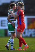 18 March 2023; Abbie Larkin of Shamrock Rovers and Jessie Staplton of Shelbourne after the SSE Airtricity Women's Premier Division match between Shelbourne and Shamrock Rovers at Tolka Park in Dublin. Photo by Tyler Miller/Sportsfile