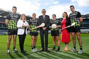 21 March 2023; Uachtarán Chumann Lúthchleas Gael Larry McCarthy, centre, with, from left, Galway footballer Paul Conroy, Helen O'Rourke, CEO, LGFA, Kilkenny camogie player Grace Walsh, Meath footballer Shauna Ennis, Uachtarán of Camogie Hilda Bresln and Limerick hurler Diarmaid Byrnes at Croke Park today Tuesday. John West, sponsors of the GAA’s under-15 annual Féile Peile na nÓg (football) and Féile na nGael (camogie and hurling) announced details of its innovative nutrition programme for young athletes. The company also revealed the extension of its Féile sponsorship until 2025 and a partnership with SuperValu to promote John West Féile in stores across the country. Photo by David Fitzgerald/Sportsfile