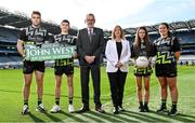 21 March 2023; Uachtarán Chumann Lúthchleas Gael Larry McCarthy, centre, with, Helen O'Rourke, CEO, LGFA, and, from left, Galway footballer Paul Conroy, Aaron Graham of Whitehall Colmcilles, Grace Tolster of Simonstown Gaels GFC and Meath footballer Shauna Ennis at Croke Park today Tuesday. John West, sponsors of the GAA’s under-15 annual Féile Peile na nÓg (football) and Féile na nGael (camogie and hurling) announced details of its innovative nutrition programme for young athletes. The company also revealed the extension of its Féile sponsorship until 2025 and a partnership with SuperValu to promote John West Féile in stores across the country. Photo by David Fitzgerald/Sportsfile