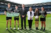 21 March 2023; Uachtarán Chumann Lúthchleas Gael Larry McCarthy, centre, with, Helen O'Rourke, CEO, LGFA, and, from left, Galway footballer Paul Conroy, Aaron Graham of Whitehall Colmcilles, Grace Tolster of Simonstown Gaels GFC and Meath footballer Shauna Ennis at Croke Park today Tuesday. John West, sponsors of the GAA’s under-15 annual Féile Peile na nÓg (football) and Féile na nGael (camogie and hurling) announced details of its innovative nutrition programme for young athletes. The company also revealed the extension of its Féile sponsorship until 2025 and a partnership with SuperValu to promote John West Féile in stores across the country. Photo by David Fitzgerald/Sportsfile