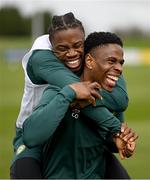 21 March 2023; Chiedozie Ogbene, right, and Michael Obafemi during a Republic of Ireland training session at the FAI National Training Centre in Abbotstown, Dublin. Photo by Stephen McCarthy/Sportsfile