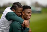 21 March 2023; Chiedozie Ogbene, right, and Michael Obafemi during a Republic of Ireland training session at the FAI National Training Centre in Abbotstown, Dublin. Photo by Stephen McCarthy/Sportsfile