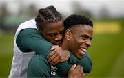 21 March 2023; Chiedozie Ogbene, right, and Michael Obafemi during a Republic of Ireland training session at the FAI National Training Centre in Abbotstown, Dublin. Photo by Stephen McCarthy/Sportsfile