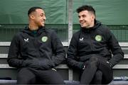 21 March 2023; Adam Idah, left, and John Egan during a Republic of Ireland training session at the FAI National Training Centre in Abbotstown, Dublin. Photo by Stephen McCarthy/Sportsfile