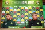 21 March 2023; Matt Doherty and manager Stephen Kenny during a Republic of Ireland press conference at the FAI Headquarters in Abbotstown, Dublin. Photo by Stephen McCarthy/Sportsfile