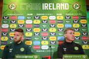 21 March 2023; Matt Doherty and manager Stephen Kenny during a Republic of Ireland press conference at the FAI Headquarters in Abbotstown, Dublin. Photo by Stephen McCarthy/Sportsfile