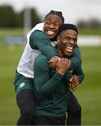 21 March 2023; Chiedozie Ogbene and Michael Obafemi, left, during a Republic of Ireland training session at the FAI National Training Centre in Abbotstown, Dublin. Photo by Stephen McCarthy/Sportsfile