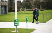 21 March 2023; Matt Doherty, right, and Kieran Crowley, FAI communications manager, arrive for a Republic of Ireland press conference at the FAI Headquarters in Abbotstown, Dublin. Photo by Stephen McCarthy/Sportsfile