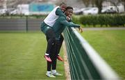 21 March 2023; Chiedozie Ogbene and Michael Obafemi, left, during a Republic of Ireland training session at the FAI National Training Centre in Abbotstown, Dublin. Photo by Stephen McCarthy/Sportsfile