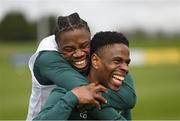 21 March 2023; Chiedozie Ogbene and Michael Obafemi, left, during a Republic of Ireland training session at the FAI National Training Centre in Abbotstown, Dublin. Photo by Stephen McCarthy/Sportsfile