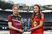 21 March 2023; In attendance at the Lidl All-Ireland Post-Primary Schools Finals Captains day are Lidl All Ireland Post Primary School Junior ‘A’ Championship captains Sarah Clarke of Loreto College, Cavan, left, and Emily Brenner of St Mary’s Midleton, Cork. The 2023 Finals will be contested at Senior and Junior levels, with three finals in each grade. All three Lidl All-Ireland PPS Senior Finals will be live-streamed. Photo by Sam Barnes/Sportsfile