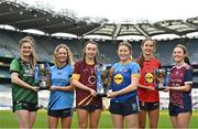 21 March 2023; In attendance at the Lidl All-Ireland Post-Primary Schools Finals Captains day are Lidl All Ireland Post Primary School Senior Championship Finalists, from left, Éabha O'Connor of Mercy Mounthawk Tralee, Kerry, Aisling Hanly of Convent of Mercy, Roscommon, Lily Dwyer of Loreto St Michael's Navan, Meath, Laura Moran of Sacred Heart School Westport, Mayo, Niamh Tolan of Virginia College, Cavan, and Anna Carpenter of St. Mary's Naas, Kildare. The 2023 Finals will be contested at Senior and Junior levels, with three finals in each grade. All three Lidl All-Ireland PPS Senior Finals will be live-streamed. Photo by Sam Barnes/Sportsfile