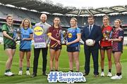 21 March 2023; In attendance at the Lidl All-Ireland Post-Primary Schools Finals Captains day are Uachtarán Cumann Peil Gael na mBan, Mícheál Naughton, third from right, and  Lidl Ireland and Northern Ireland senior partnerships manager Joe Mooney, third from left, with Lidl All Ireland Post Primary School Senior Championship Finalists, from left, Éabha O'Connor of Mercy Mounthawk Tralee, Kerry, Aisling Hanly of Convent of Mercy, Roscommon,  Lily Dwyer of Loreto St Michael's Navan, Meath, Laura Moran of Sacred Heart School Westport, Mayo, Niamh Tolan of Virginia College, Cavan, and Anna Carpenter of St. Mary's Naas, Kildare. The 2023 Finals will be contested at Senior and Junior levels, with three finals in each grade. All three Lidl All-Ireland PPS Senior Finals will be live-streamed. Photo by Sam Barnes/Sportsfile