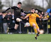 15 March 2023; Ronan Murphy of Holy Rosary College in action against Luc Farrell of Wexford CBS during the FAI Schools Dr Tony O'Neill Senior National Cup Final match between Holy Rosary College Mountbellew and Wexford CBS at AUL Complex in Clonshaugh, Dublin. Photo by Piaras Ó Mídheach/Sportsfile
