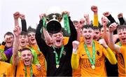 15 March 2023; Wexford CBS captain Shay O’Leary lifts the cup after his side's victory in the FAI Schools Dr Tony O'Neill Senior National Cup Final match between Holy Rosary College Mountbellew and Wexford CBS at AUL Complex in Clonshaugh, Dublin. Photo by Piaras Ó Mídheach/Sportsfile