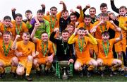 15 March 2023; The Wexford CBS squad celebrate after their side's victory in the FAI Schools Dr Tony O'Neill Senior National Cup Final match between Holy Rosary College Mountbellew and Wexford CBS at AUL Complex in Clonshaugh, Dublin. Photo by Piaras Ó Mídheach/Sportsfile