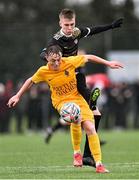 15 March 2023; Kaylem Harnett of Wexford CBS in action against Ciaran Nolan of Holy Rosary College during the FAI Schools Dr Tony O'Neill Senior National Cup Final match between Holy Rosary College Mountbellew and Wexford CBS at AUL Complex in Clonshaugh, Dublin. Photo by Piaras Ó Mídheach/Sportsfile