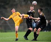 15 March 2023; Connor Mackey of Wexford CBS in action against Ryan Nolan and Ciaran Mulhern, right, of Holy Rosary College during the FAI Schools Dr Tony O'Neill Senior National Cup Final match between Holy Rosary College Mountbellew and Wexford CBS at AUL Complex in Clonshaugh, Dublin. Photo by Piaras Ó Mídheach/Sportsfile