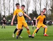 15 March 2023; Darby Purcell of Wexford CBS in action against Ronan Murphy of Holy Rosary College during the FAI Schools Dr Tony O'Neill Senior National Cup Final match between Holy Rosary College Mountbellew and Wexford CBS at AUL Complex in Clonshaugh, Dublin. Photo by Piaras Ó Mídheach/Sportsfile