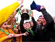 15 March 2023; Wexford CBS captain Shay O’Leary lifts the cup after his side's victory in the FAI Schools Dr Tony O'Neill Senior National Cup Final match between Holy Rosary College Mountbellew and Wexford CBS at AUL Complex in Clonshaugh, Dublin. Photo by Piaras Ó Mídheach/Sportsfile