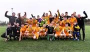 15 March 2023; The Wexford CBS squad celebrate after their side's victory in the FAI Schools Dr Tony O'Neill Senior National Cup Final match between Holy Rosary College Mountbellew and Wexford CBS at AUL Complex in Clonshaugh, Dublin. Photo by Piaras Ó Mídheach/Sportsfile