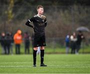 15 March 2023; Ciaran Nolan of Holy Rosary College reacts after Wexford CBS's third goal during the FAI Schools Dr Tony O'Neill Senior National Cup Final match between Holy Rosary College Mountbellew and Wexford CBS at AUL Complex in Clonshaugh, Dublin. Photo by Piaras Ó Mídheach/Sportsfile