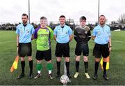 15 March 2023; Referee Niall McLaughlin alongside his linesmen Ryan Flood, left, and John Hanney with the team captains Shay O’Leary of Wexford CBS and Ronan Murphy of Holy Rosary College before the FAI Schools Dr Tony O'Neill Senior National Cup Final match between Holy Rosary College Mountbellew and Wexford CBS at AUL Complex in Clonshaugh, Dublin. Photo by Piaras Ó Mídheach/Sportsfile