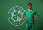 19 March 2023; Chiedozie Ogbene poses for a portrait during a Republic of Ireland squad portrait session at Castleknock Hotel in Dublin. Photo by Stephen McCarthy/Sportsfile