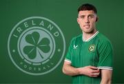 19 March 2023; Dara O'Shea poses for a portrait during a Republic of Ireland squad portrait session at Castleknock Hotel in Dublin. Photo by Stephen McCarthy/Sportsfile