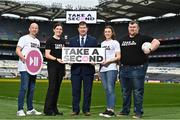 22 March 2023; In attendance at Croke Park as the Ladies Gaelic Football Association announced details of its ‘Take a Second’ awareness campaign are, from left, LGFA referee Jonathan Murphy, Tipperary footballer Anna Rose Kennedy, Uachtarán Cumann Peil Gael na mBan, Mícheál Naughton, Kerry footballer Anna Galvin and Longford manager Alan Mullen. The LGFA's 'Take a Second' campaign is aimed at encouraging and celebrating a culture of positivity and mutual respect among all members. Photo by Sam Barnes/Sportsfile