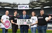 22 March 2023; In attendance at Croke Park as the Ladies Gaelic Football Association announced details of its ‘Take a Second’ awareness campaign are, from left, LGFA referee Jonathan Murphy, Tipperary footballer Anna Rose Kennedy, Uachtarán Cumann Peil Gael na mBan, Mícheál Naughton, Kerry footballer Anna Galvin and Longford manager Alan Mullen. The LGFA's 'Take a Second' campaign is aimed at encouraging and celebrating a culture of positivity and mutual respect among all members. Photo by Sam Barnes/Sportsfile